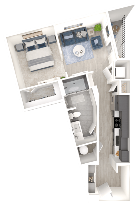 Floor plan for 1 bed, 1 bath, 638 sqft